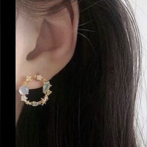 Gold and Pink Floral Charm Earrings with Crystal Accents